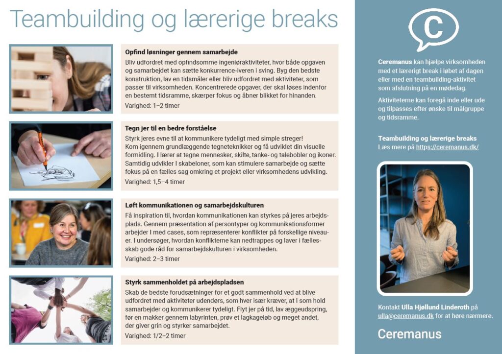 Katalog over teambuilding og lærerige breaks udbudt til firmaer af Ceremanus og Ulla Hjøllund Linderoth